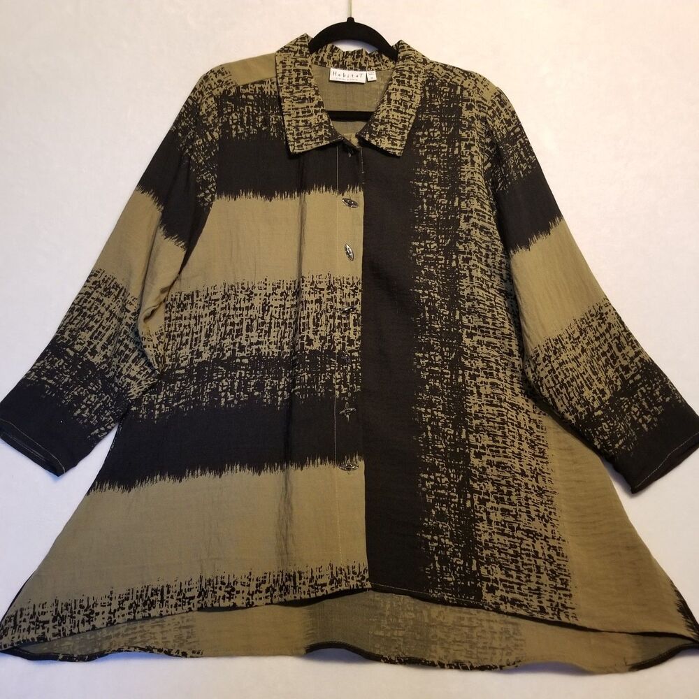 Habitat Clothes to Live In M Top Olive Green Black Button Front Lagenlook Artsy